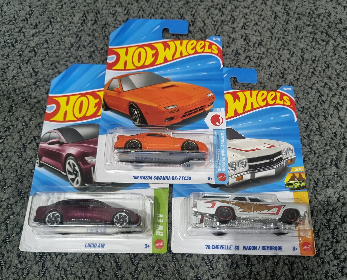 Hot Wheels 2026 Combo Pack (SET S3.5) – 89 Mazda Savanna RX-7 FC3S, Lucid Air & ’70 Chevelle SS Wagon/Remorque (Die Cast Cars Set)