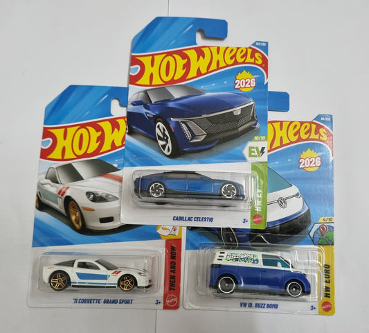 Hot Wheels J Case 2026 Combo Pack – Cadillac Celestiq, ’11 Corvette Grand Sport & VW ID. Buzz Bomb