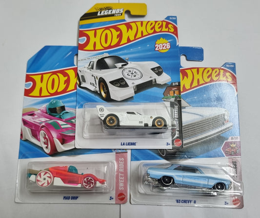 Hot Wheels J Case 2026 Combo Pack – La Liebre, Mad Drip & ’63 Chevy II