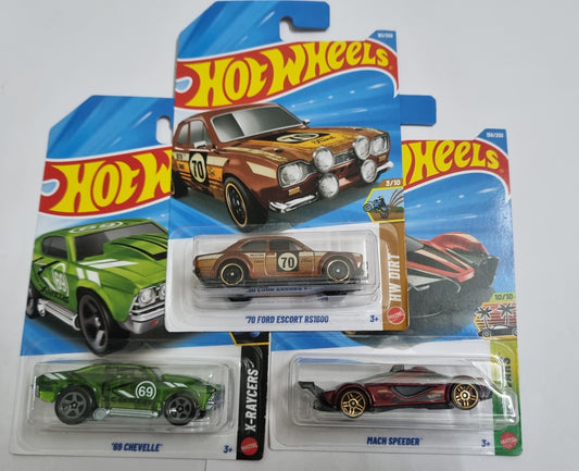 Hot Wheels J Case 2026 Combo Pack – ’70 Ford Escort RS1600, ’69 Chevelle & Mach Speeder