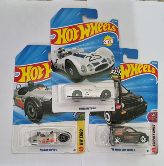 Hot Wheels F Case 2026 Combo Pack – Maserati Tipo 61 + Morgan Super 3 + Honda City Turbo II | 1:64 Die-Cast Cars (Set of 3)