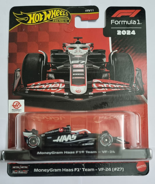 Hot Wheels Premium MoneyGram Haas F1 Team VF-24 #27 (2024) – Real Riders | Imported Die-Cast