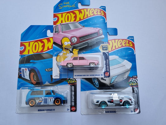 Hot Wheels 3 Car Combo – The Simpsons Family Car, Renault Espace F1 & Twin Dorado | 1:64 Die-Cast Set