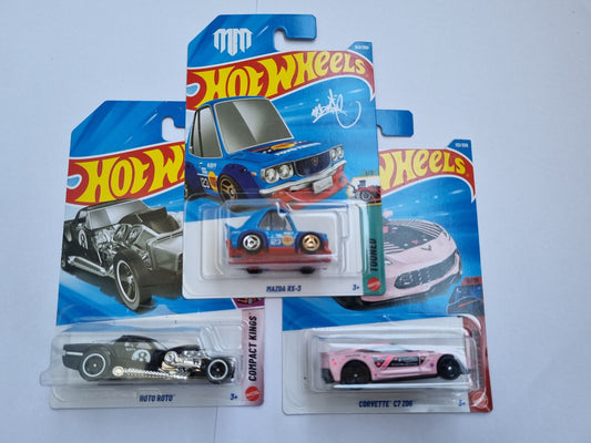 Hot Wheels 3 Car Combo – Mazda RX-3, Corvette C7 Z06 & Hoto Roto | 1:64 Die-Cast Collectible Set