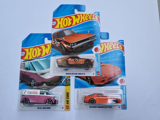 Hot Wheels 3 Car Combo – Nissan Skyline 2000 GT-R, Mazda Savanna RX-7 FC3S & VW ID. Buzz Bomb | 1:64 Die-Cast Set