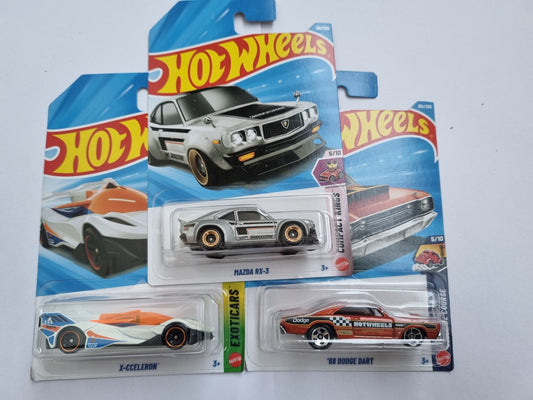 Hot Wheels 3 Car Combo – Mazda RX-3, ’68 Dodge Dart & X-Ccelerion | 1:64 Die-Cast Set