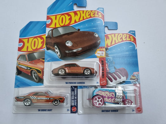 Hot Wheels 3 Car Combo – ’96 Porsche Carrera, ’68 Dodge Dart & Birthday Burner | 1:64 Die-Cast Set