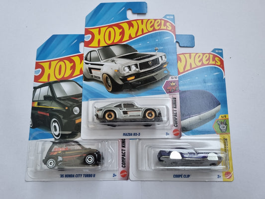 Hot Wheels 3 Car Combo – Mazda RX-3, ’85 Honda City Turbo II & Coupé Clip | 1:64 Die-Cast Set
