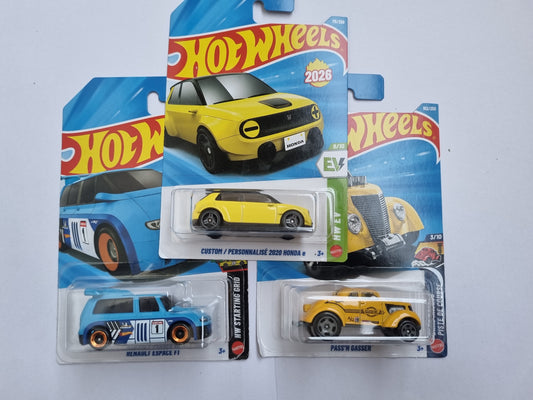 Hot Wheels 3 Car Combo – Custom 2020 Honda e, Renault Espace F1 & Pass’n Gasser | 1:64 Die-Cast Set (2026)