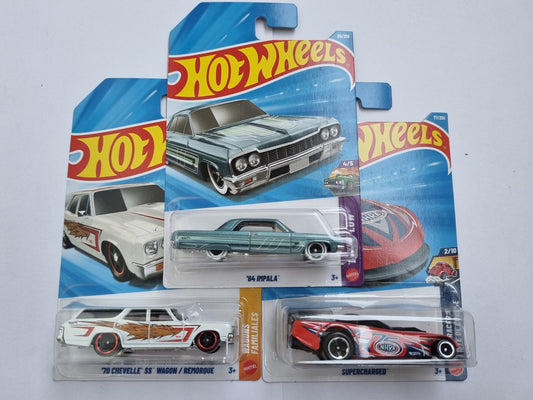 Hot Wheels 3 Car Combo – ’64 Impala, ’70 Chevelle SS Wagon & Supercharged | 1:64 Die-Cast Set