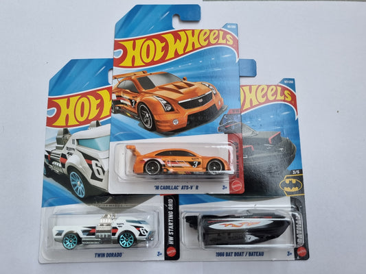 Hot Wheels 3 Car Combo – Cadillac ATS-V R, Twin Dorado & 1966 Bat Boat | 1:64 Die-Cast Set