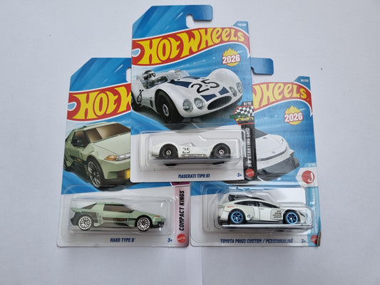 Hot Wheels 3 Car Combo – Maserati Tipo 61, Hako Type D & Toyota Prius Custom | 1:64 Die-Cast Set (2026)