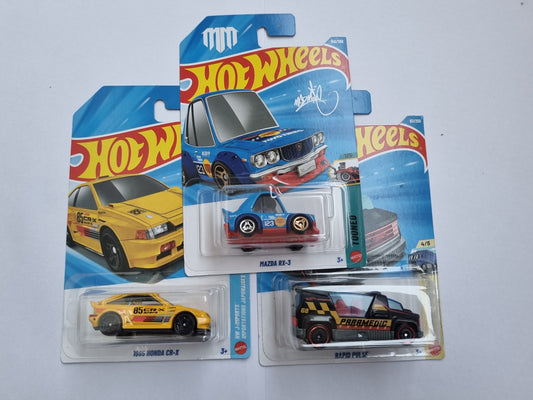 Hot Wheels 3 Car Combo – Mazda RX-3, 1985 Honda CR-X & Rapid Pulse | 1:64 Die-Cast Collectible Set