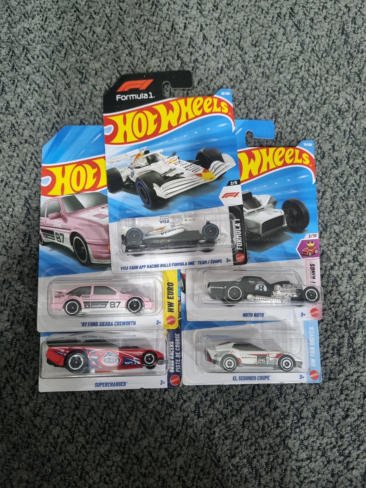 Hot Wheels 2026 Combo Pack (SET S5.1) – Visa Cash App Racing Bulls Formula One Team/Equipe, 87 Ford Sierra Cosworth, Supercharged, El Segundo Coupe & Hoto Roto (Set of 5)