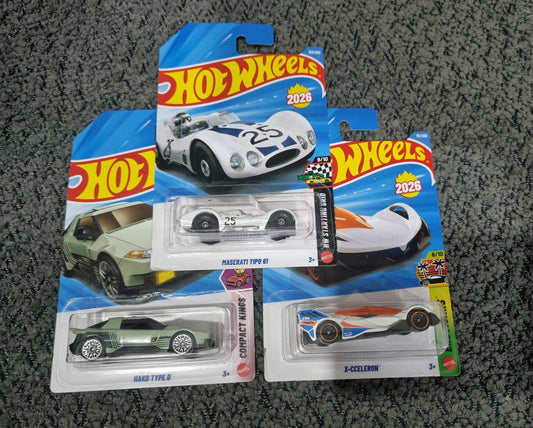 Hot Wheels 2026 Combo Pack (SET S2.3) – Maserati Tipo 61, Hako Type D & X-Cceleron (Set of 3 Die-Cast Cars)
