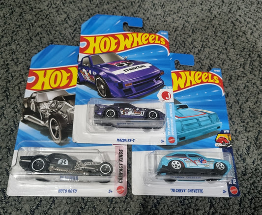 Hot Wheels 2026 Combo Pack (SET S3.3) – Mazda RX-7, ’76 Chevy Chevette & Hoto Roto (Set of 3 Die-Cast Cars)