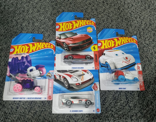 Hot Wheels  2026 Combo Pack (SET S4.1) – Ferrari 12 Cilindri, El Segundo Coupe, Dessert Drifter/Gelle De Derapage & Quick Chat (Set of 4 Die-Cast Cars)