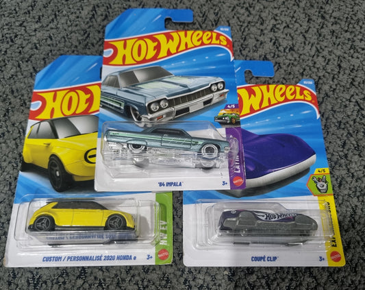Hot Wheels  2025 Combo Pack (SET S4.2) – ’64 Impala, Custom/Personnalise 2020 Honda e  & Coupe Clip (1:64 Die-Cast Cars Set)