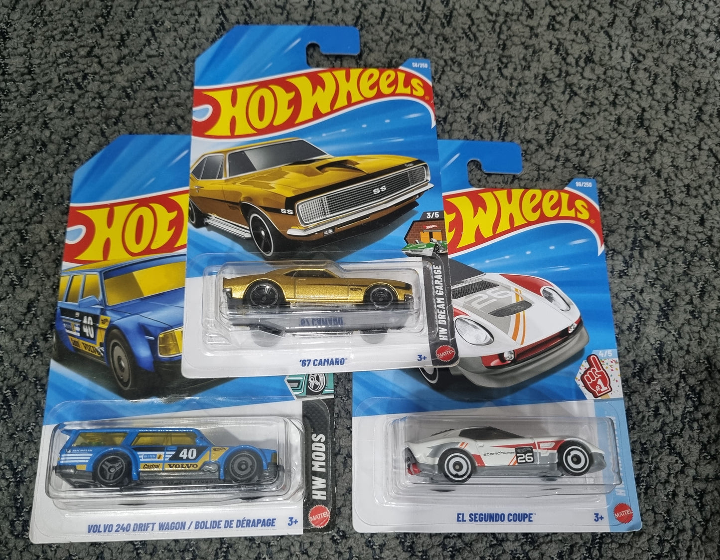 Hot Wheels 2025 Combo Pack (SET S5.5) – ’67 Camaro, Volvo 240 Drift Wagon/Bolide De Derapage & El Segundo Coupe (Die Cast Cars Set)