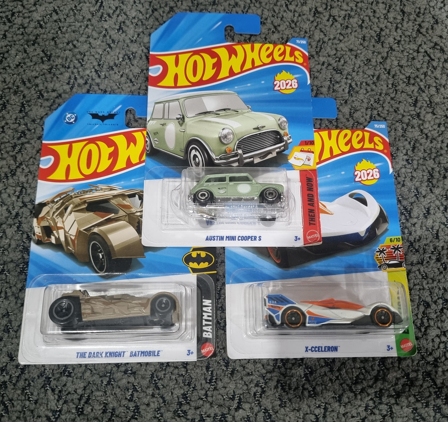 Hot Wheels  2025–2026 Combo Pack (SET S6.1) – Austin Mini Cooper S, The Dark Knight Batmobile & X-Cceleron (Die Cast Cars Set)