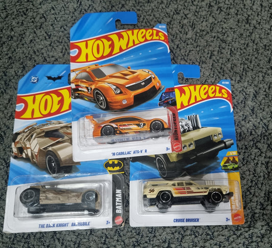Hot Wheels  2025 Combo Pack (SET S4.5) – 16 Cadillac ATS-V R, The Dark Knight Batmobile & Cruise Bruiser (Die Cast Cars Set)