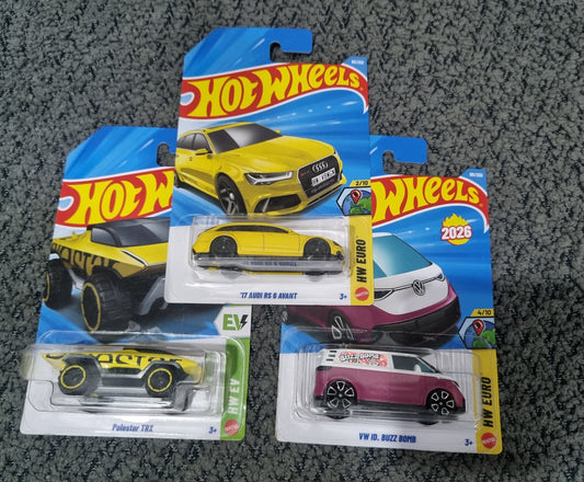 Hot Wheels 2025 Combo Pack (SET S6.3) – 17 Audi RS 6 Avant, VW ID. Buzz Bomb & Polestar TRX (Die Cast Cars Set)