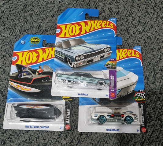 Hot Wheels  2025 Combo Pack (SET S7.2) – ’64 Impala, 1966 Bat Boat/Bateav & Twin Dorado (Die Cast Cars Set)
