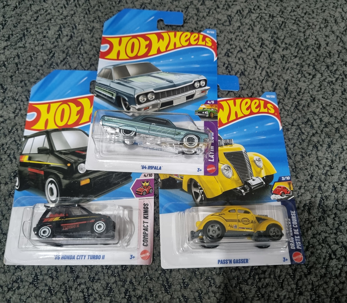 Hot Wheels  2025 Combo Pack (SET S7.4) – ’64 Impala, ’85 Honda City Turbo II & Pass’n Gasser (Die Cast Cars Set)