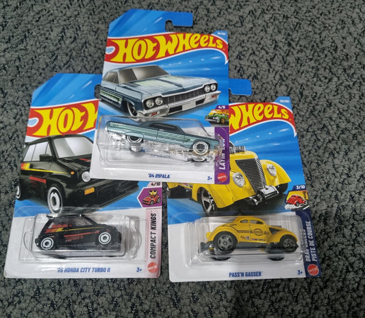 Hot Wheels  2025 Combo Pack (SET S7.4) – ’64 Impala, ’85 Honda City Turbo II & Pass’n Gasser (Die Cast Cars Set)