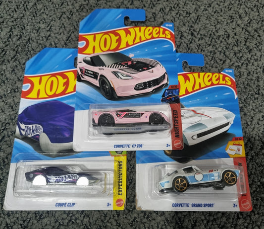 Hot Wheels 2025 Combo Pack (SET S7.6) – Corvette C7 Z06, Corvette Grand Sport & Coupe Clip (Die Cast Cars Set)
