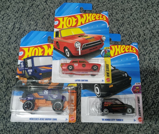 Hot Wheels I 2025 Combo Pack (SET S7.7) – Lotus Cortina, Mercedes-Benz Unimog 1300L & ’85 Honda City Turbo II (Die Cast Cars)