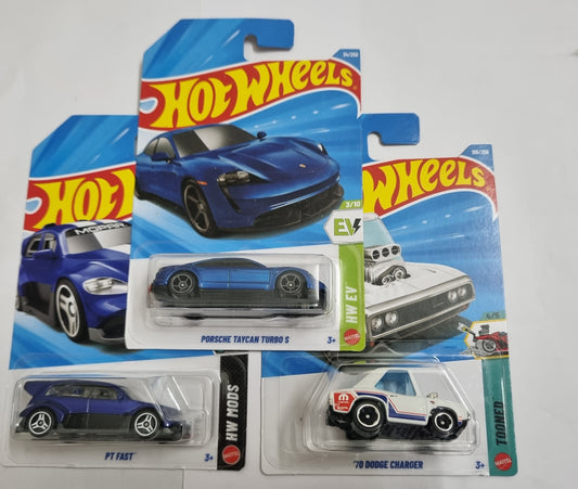 Hot Wheels J Case 2026 Combo Pack – Porsche Taycan Turbo S, PT Fast & ’70 Dodge Charger
