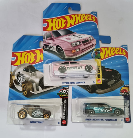 Hot Wheels F Case 2026 Combo Pack – 87 Ford Sierra Cosworth + Honda Civic Custom + Instant Boost | 1:64 Die-Cast Cars (Set of 3)