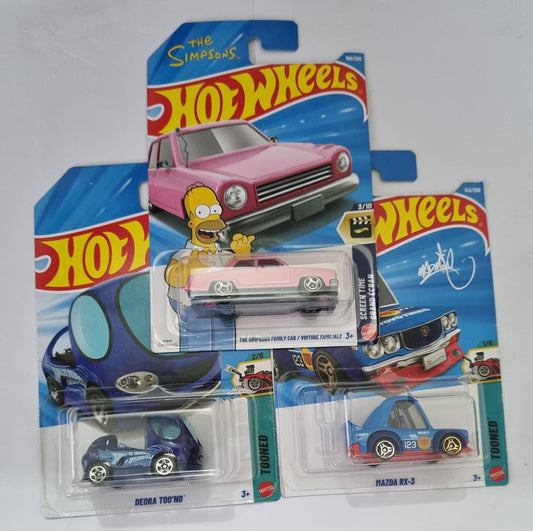 Hot Wheels F Case 2026 Combo Pack – Simpsons Family Car + Mazda RX-3 (Tooned) + Deora Too’nd | 1:64 Die-Cast Cars (Set of 3)
