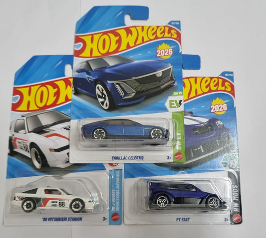 Hot Wheels J Case 2026 Combo Pack – Cadillac Celestiq, ’88 Mitsubishi Starion & PT Fast
