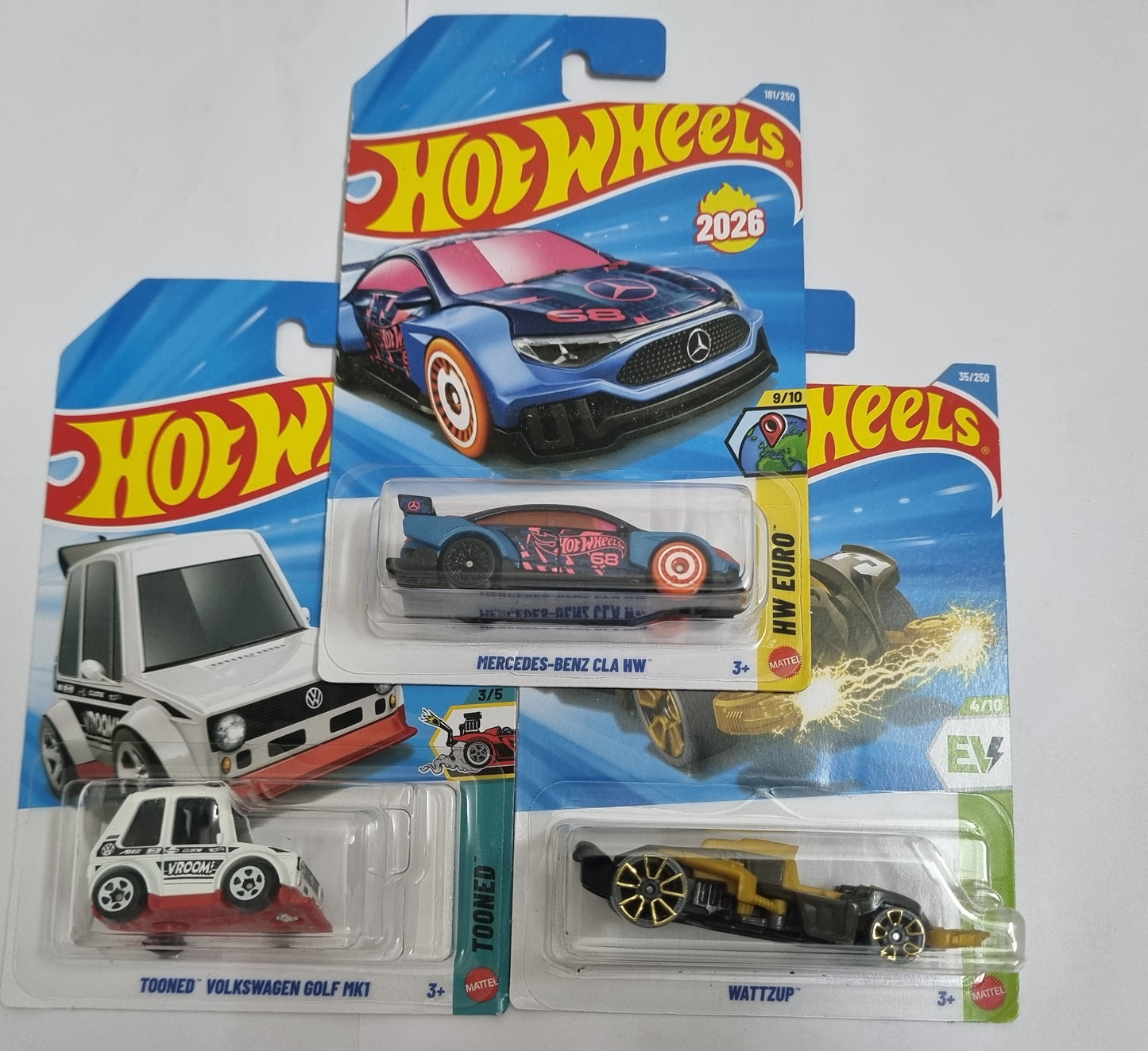 Hot Wheels J Case 2026 Combo Pack – Mercedes-Benz CLA HW, Tooned Volkswagen Golf MK1 & Wattzup