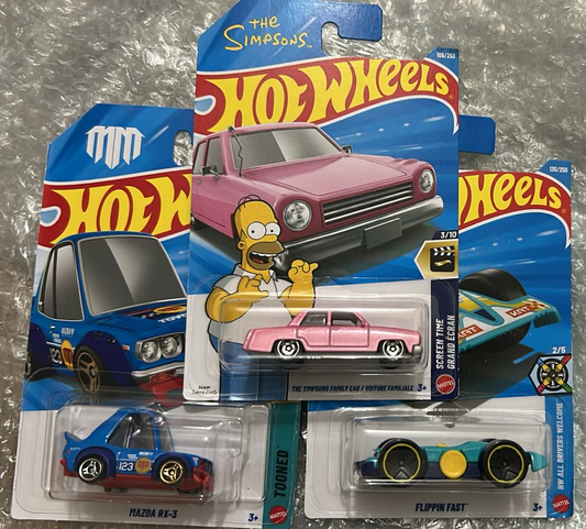 Hot Wheels F Case 2026 Combo Pack – Simpsons Family Car + Mazda RX-3 (Tooned) + Flippin Fast | 1:64 Die-Cast Cars (Set of 3)