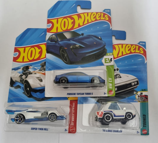 Hot Wheels J Case 2026 Combo Pack – Porsche Taycan Turbo S, Super Twin Mill & ’70 Dodge Charger