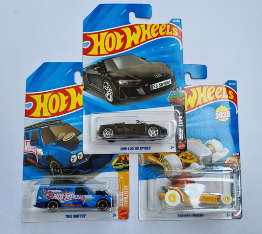 Hot Wheels F Case 2026 Combo Pack – 2019 Audi R8 Spyder + Time Shifter + Eggshell Racer | 1:64 Die-Cast Cars (Set of 3)