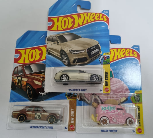 Hot Wheels J Case 2026 Combo Pack – ’17 Audi RS 6 Avant, ’70 Ford Escort RS1600 & Roller Toaster