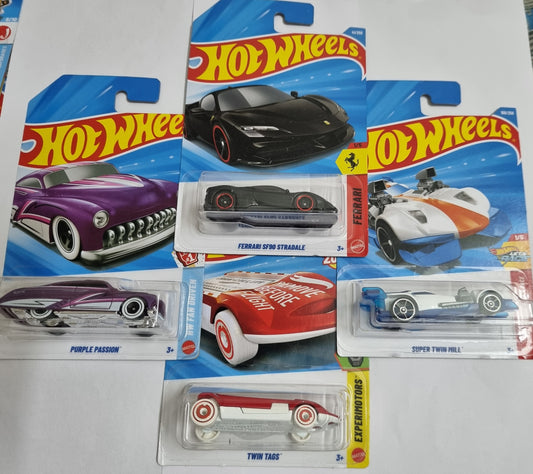 Hot Wheels J Case Ferrari SF90 Stradale + Purple Passion + Super Twin Mill + Twin Tags Combo Pack