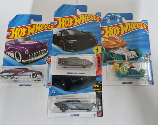 Hot Wheels J Case 2026 Combo Pack – Ferrari SF90 Stradale, Batmobile, Purple Passion & Head Gasket