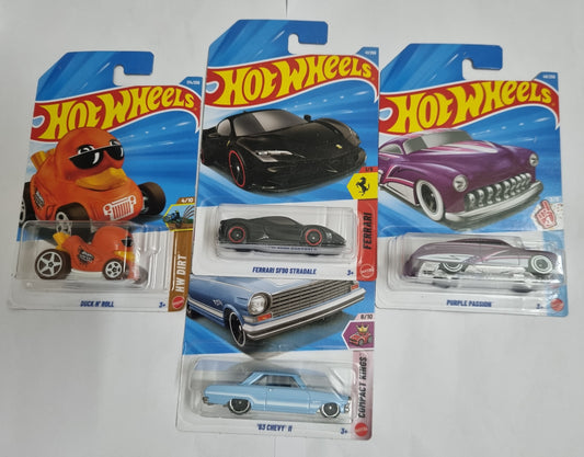 Hot Wheels J Case 2026 Combo Pack – Ferrari SF90 Stradale, Purple Passion, Duck N’ Roll & '63 Chevy II