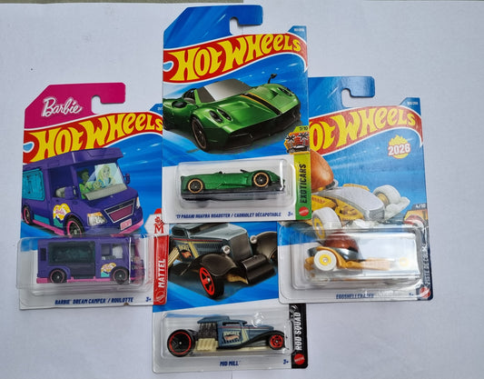 Hot Wheels F Case 2026 Combo Pack – 17 Pagani Huayra Roadster + Barbie Dream Camper + Mid Mill + Eggshell Racer | 1:64 Die-Cast Set of 4