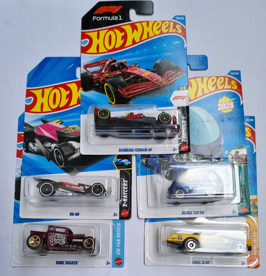 Hot Wheels F Case 2026 Combo Pack – Scuderia Ferrari F1 + RD-06 + Bone Shaker + Long Bloc + Deora II | 1:64 Die-Cast Set of 5