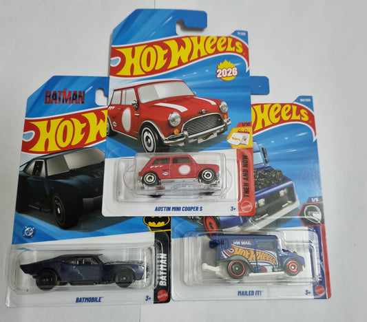 Hot Wheels J Case 2026 Combo Pack – Austin Mini Cooper S, Batmobile & Mailed It!