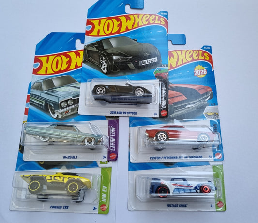 Hot Wheels 5 Car Combo Pack – Audi R8 Spyder, Impala, Toronado, Polestar TRX & Voltage Spike | Die-Cast Collection