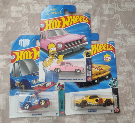 Hot Wheels 2026 F Case Imported Combo (SET-F1.2) – The Simpsons Family Car/Voiture Familiate, Mazda RX-3 & Vairstrike (Set of 3)