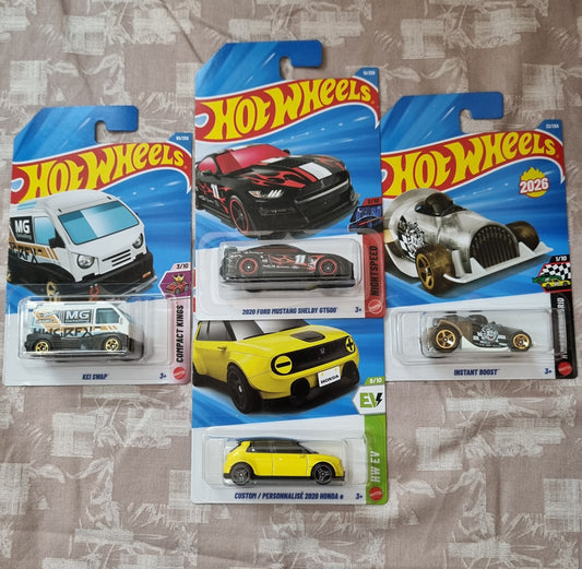 Hot Wheels 2026 F Case IMPORTED Combo (SET-F2.3) – 2020 Ford Mustang Shelby GT500, Custom/Personnalise 2020 Honda e, Instant Boost & Kei Swap (Set of 4)