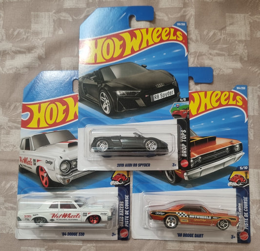 Hot Wheels 2026 F Case Imported Combo (SET-2.5) – 2019 Audi R8 Spyder, ’64 Dodge 330 & ’68 Dodge Dart (Set of 3)